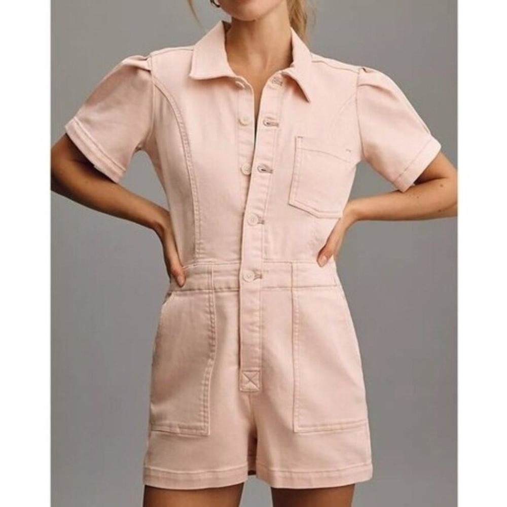 Anthropologie Pilcro Kit Utility Romper Pink Denim Short Sleeve Puff Sleeve 14